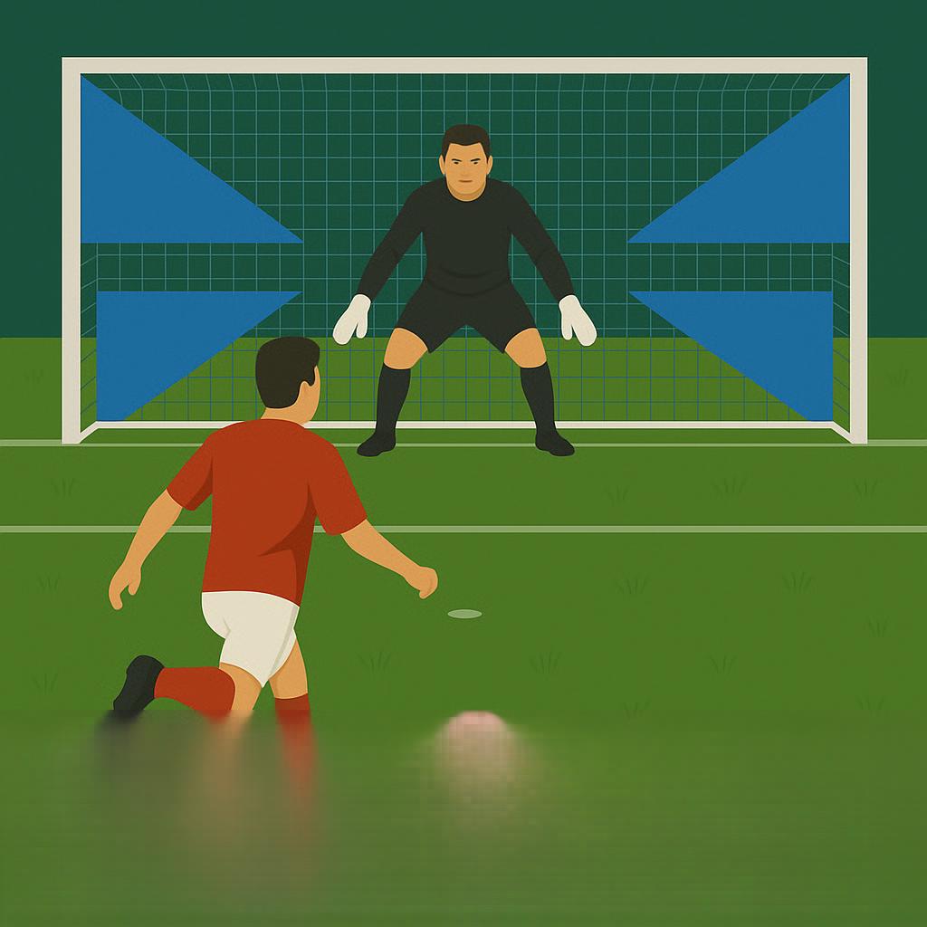 Ein Fußballtor aus der Sicht des Torhüters, der mittig auf der Torlinie steht. Die unzugänglichen Bereiche – also jene, die der Torhüter aus dieser Position nicht erreichen kann – sind mathematisch exakt markiert. Dazu gehören die oberen Ecken (oben rechts und links) sowie die schmalen vertikalen Streifen entlang der Pfosten. Die erreichbaren Flächen sind farblich abgesetzt, um den Unterschied klar zu zeigen.