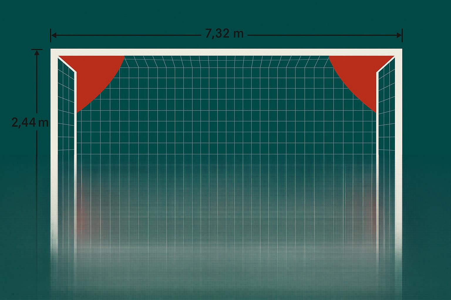 Elfmeterschuss-Zielzonen: Ein Fußballtor mit den Maßen 7,32 m Breite × 2,44 m Höhe. Die Grafik zeigt zwei gleichmäßige Dreiecke in den oberen Ecken des Tores – jeweils mit einem 90°-Winkel zwischen Torpfosten und Querlatte – sowie zwei vertikale Streifen entlang der Pfosten, die bis zum Boden reichen. Diese farblich hervorgehobenen Bereiche stellen die Zonen dar, die der Torhüter bei einem Elfmeter physikalisch nicht erreichen kann.